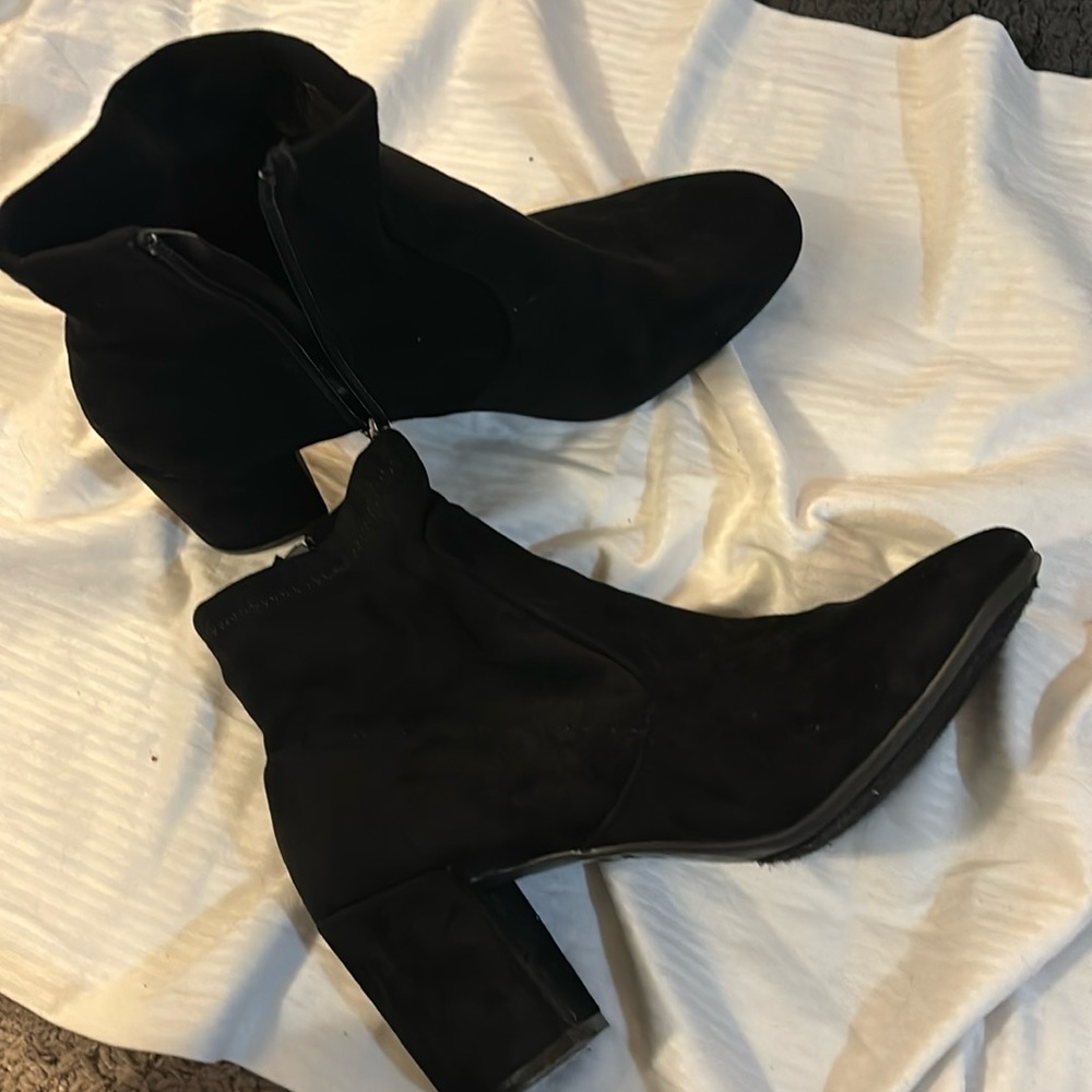 Black Suede Ankle Boots, Size 9, 3.5 Inch Heel